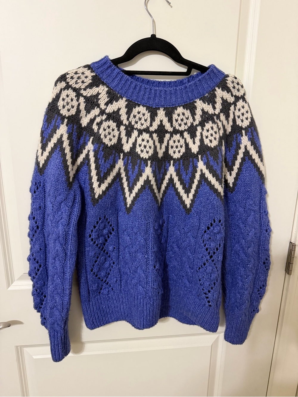Lucky Brand Royal Blue Fair Isle Cable-Knit Crew Sweater